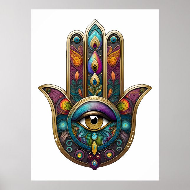 Peacock Colors Hamsa w/ Gold Third Eye Poster (Front)