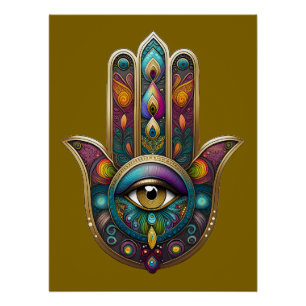 Peacock Colors Hamsa w/ Gold Third Eye Poster