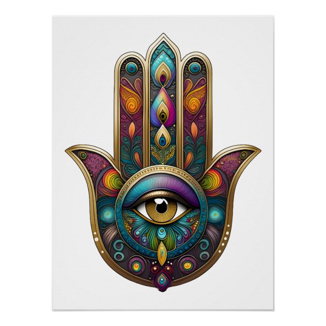Peacock Colors Hamsa w/ Gold Third Eye Poster (Front)