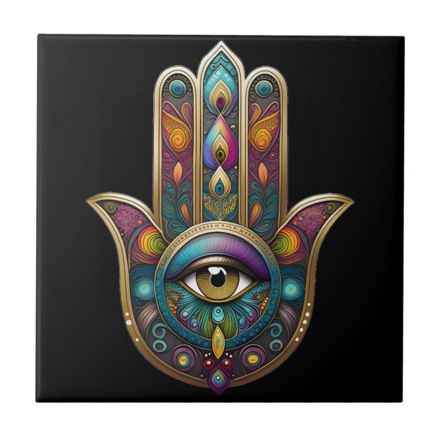 Peacock Colors Hamsa w/ Gold Third Eye Tile (Front)