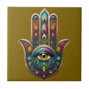 Peacock Colors Hamsa w/ Gold Third Eye Tile