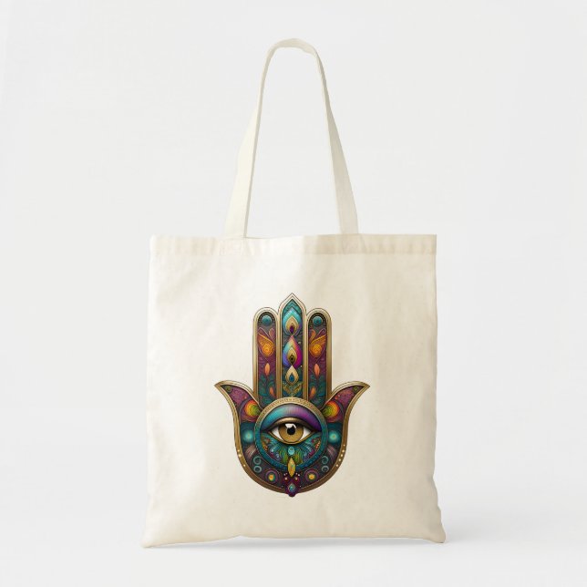 Peacock Colors Hamsa w/ Gold Third Eye Tote Bag (Front)