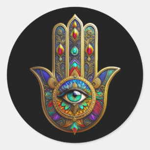 Peacock Colour Flower Petals Hamsa Green Third Eye Classic Round Sticker