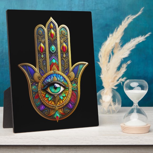 Peacock Colour Flower Petals Hamsa Green Third Eye Plaque (Side)