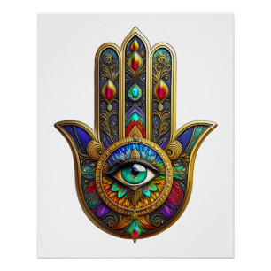 Peacock Colour Flower Petals Hamsa Green Third Eye Poster