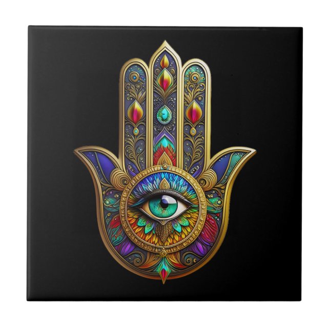 Peacock Colour Flower Petals Hamsa Green Third Eye Tile (Front)