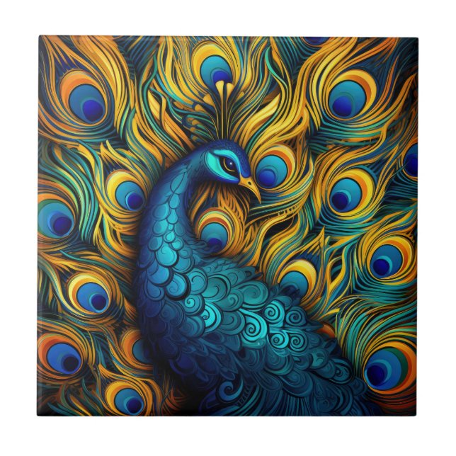 Peacock Colourful Blue and Orange Illustration Tile (Front)