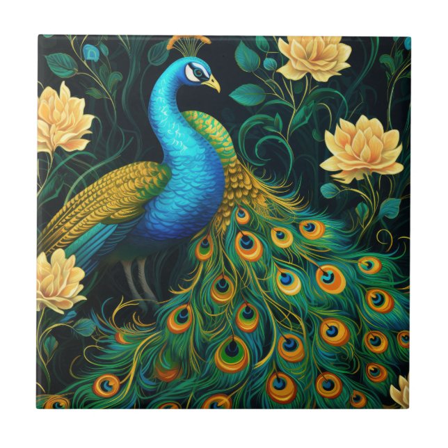 Peacock Colourful Blue Illustration Tile (Front)