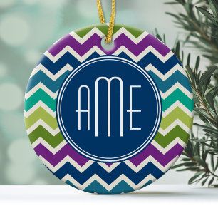 Peacock Colours Chevron Pattern Custom Monograms Ceramic Tree Decoration