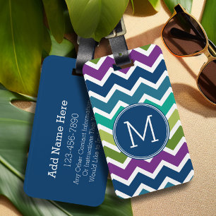 Peacock Colours Chevron Pattern Custom Monograms Luggage Tag