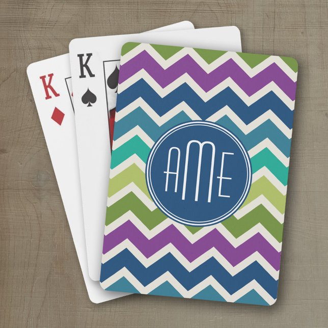 Peacock Colours Chevron Pattern Custom Monograms Playing Cards (Personalized playing cards with a fun area to add text such as a name or monogram)
