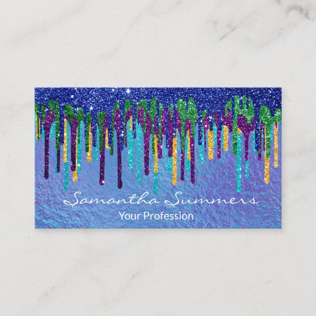 Peacock Colours Glitter Drips Iridescent Business Card (Front)