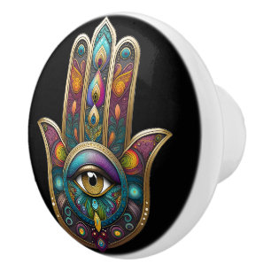Peacock Colours Hamsa w/ Gold Third Eye Ceramic Knob