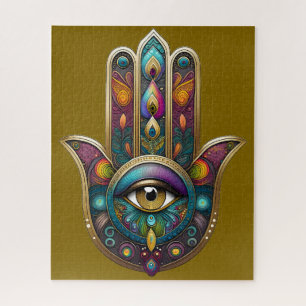 Peacock Colours Hamsa w/ Gold Third Eye Jigsaw Puzzle
