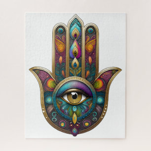 Peacock Colours Hamsa w/ Gold Third Eye Jigsaw Puzzle