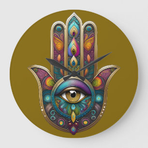 Peacock Colours Hamsa w/ Gold Third Eye Large Clock