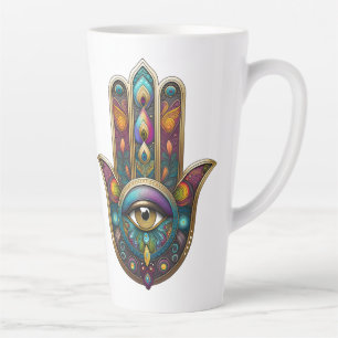Peacock Colours Hamsa w/ Gold Third Eye Latte Mug