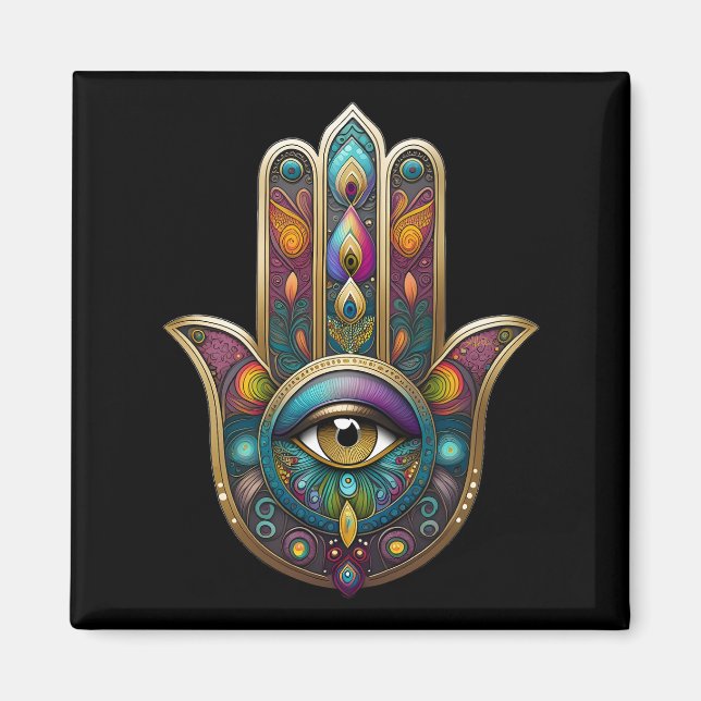 Peacock Colours Hamsa w/ Gold Third Eye Magnet (Front)