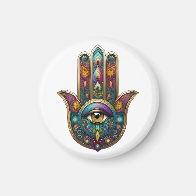 Peacock Colours Hamsa w/ Gold Third Eye Magnet (Front)