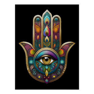 Peacock Colours Hamsa w/ Gold Third Eye Poster