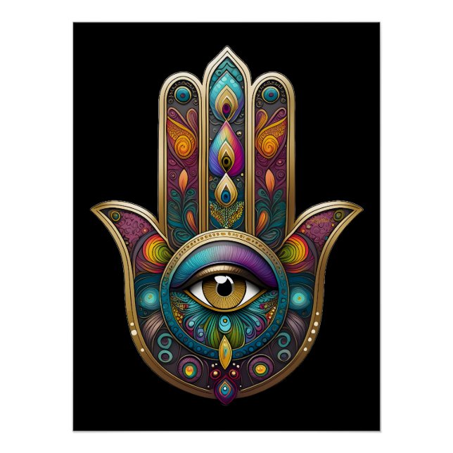 Peacock Colours Hamsa w/ Gold Third Eye Poster (Front)