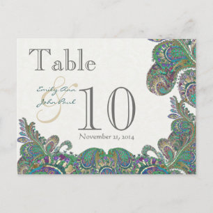 Peacock Colours Paisley Wedding Table Number Postcard