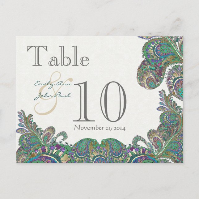 Peacock Colours Paisley Wedding Table Number Postcard (Front)