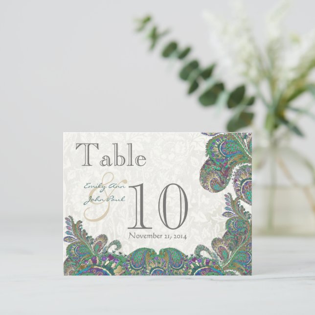 Peacock Colours Paisley Wedding Table Number Postcard (Standing Front)