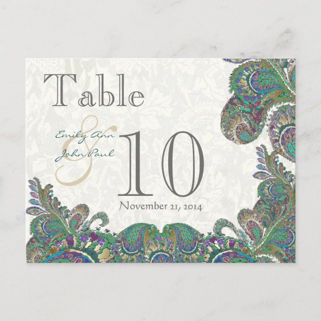 Peacock Colours Paisley Wedding Table Number Postcard (Front)