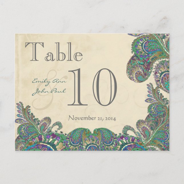 Peacock Colours Paisley Wedding Table Number Postcard (Front)