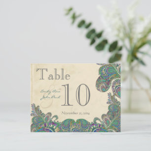 Peacock Colours Paisley Wedding Table Number Postcard