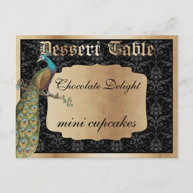Peacock Dark Gold Dessert Candy Table Sign Postcard (Front)