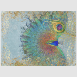 Peacock Decoupage Blue Teal Gold Foil Feather Art Tissue Paper