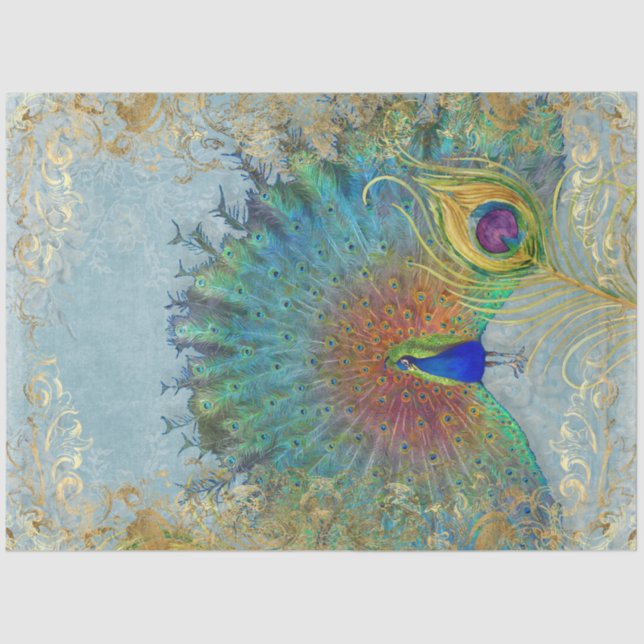 Peacock Decoupage Blue Teal Gold Foil Feather Art Tissue Paper (Front)