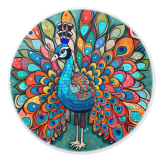 Peacock design, contemporary style, multicolored ceramic knob