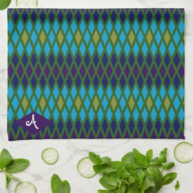 Peacock Diamond Monogram Tea Towel (Folded)