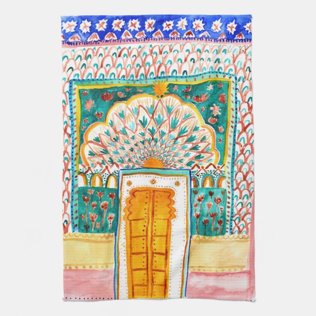Peacock Door Rajasthan Watercolor India Tea Towel (Vertical)
