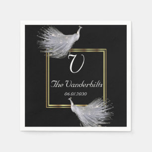 Peacock Eleganace in Black Gold and White Wedding Napkin