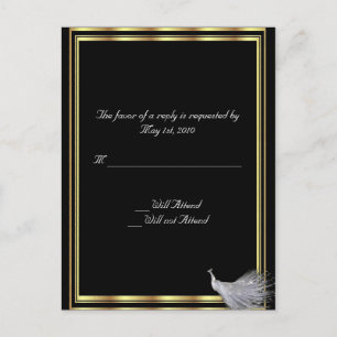 Peacock Elegance in Black, Gold, and White Invitation Postcard