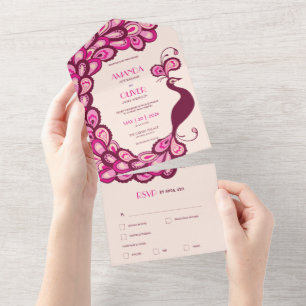 Peacock Elegance Multicolored Vintage Wedding All In One Invitation