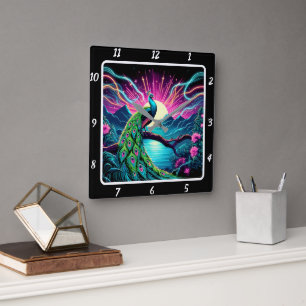 Peacock Elegance Neon Square Wall Clock