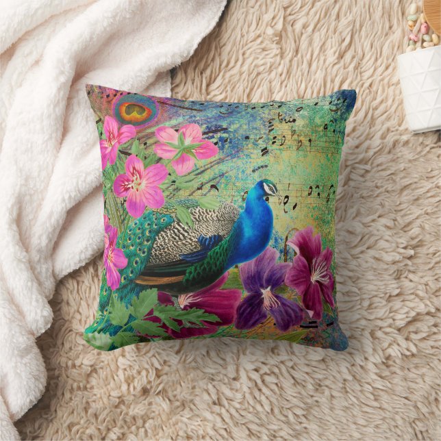 Peacock Elegant Blue Pink Flowers Green Cushion (Blanket)