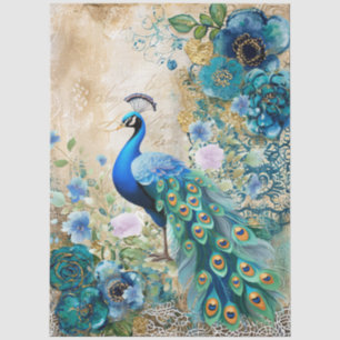 Peacock & Elegant Distressed Teal Blue Florals Tissue Paper