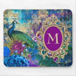 Peacock Elegant Vintage Purple Teal Gold Monogram Mouse Mat