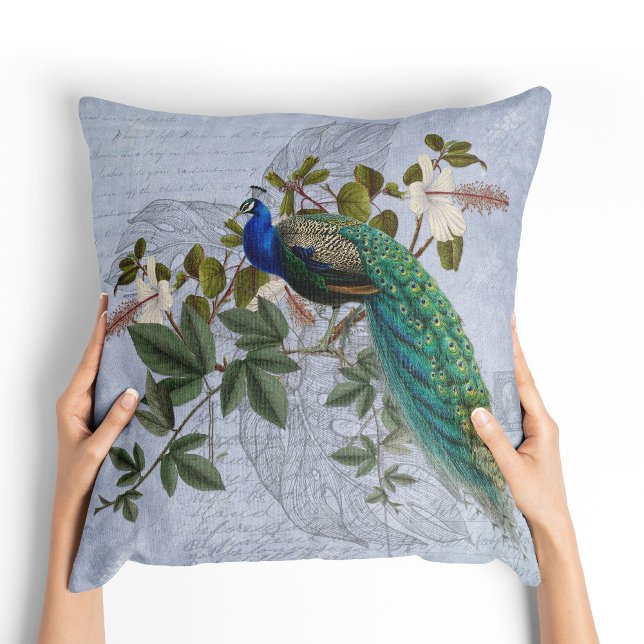 Peacock Ephemera Romantic Blue Vintage Graphic Art Cushion (Peacock Ephemera Romantic Blue Vintage Graphic Art Throw Pillow)