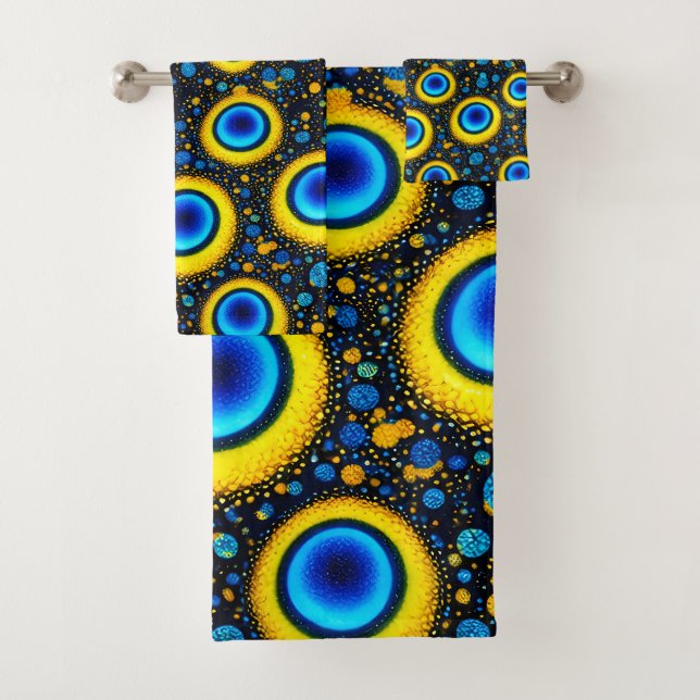 Peacock eye pattern full blue gold luxury bath tow towel set (Insitu)