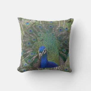 Peacock Face with Feathers Pillow