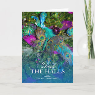 Peacock feather and coloured tree decorations holiday card