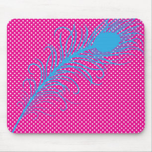 Peacock feather and Polka Dots - Pink and Aqua Mouse Mat