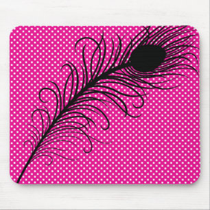 Peacock feather and Polka Dots - Pink and Black Mouse Mat